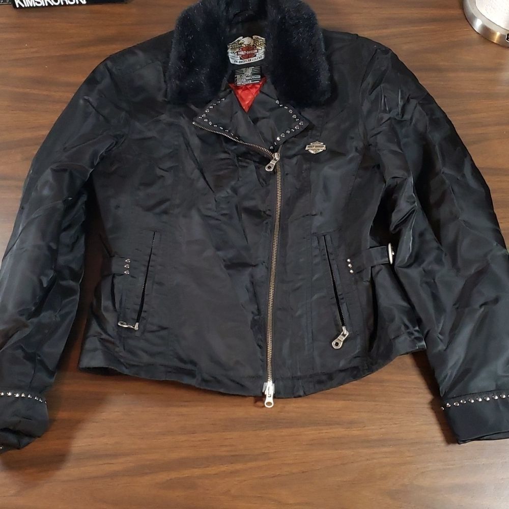 Harley-Davidson Black Winter Coat Nylon Faux Fur Motorcycle Jacket Red Lining‎ M - Picture 7 of 12